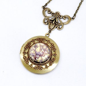 Fire Opal Locket Necklace, Purple Amethyst Opal Necklace, Art Glass Opal Jewelry, Antiqued Brass, Art Nouveau Style, February Birthstone