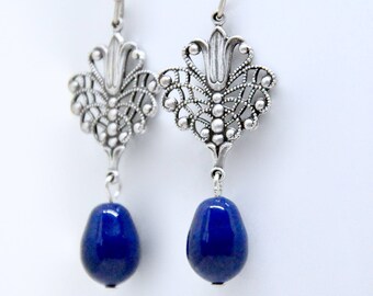 Victorian Dark Blue Earrings, Blue Pearl Earrings, Dark Lapis Pear Pearl, Art Deco Earrings, Antiqued Silver Filigree Vintage Style Earrings