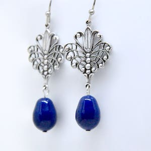 Victorian Dark Blue Earrings, Blue Pearl Earrings, Dark Lapis Pear Pearl, Art Deco Earrings, Antiqued Silver Filigree Vintage Style Earrings image 1