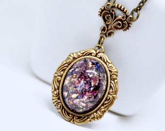 Amethyst Opal Pendant Necklace: Antiqued Brass Dragons Breath Harlequin Art Glass, Victorian Necklace, Vintage Style Jewelry Gift