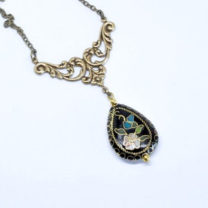 Vintage Black Cloisonne Necklace, Floral Cloisonne Enamel, Antiqued Brass Filigree, Butterfly Teardrop Pendant, Art Nouveau Jewelry