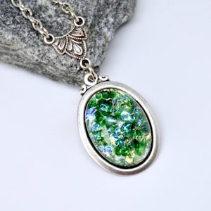 Green Fire Opal Pendant Necklace: Antiqued Silver Emerald Jewelry