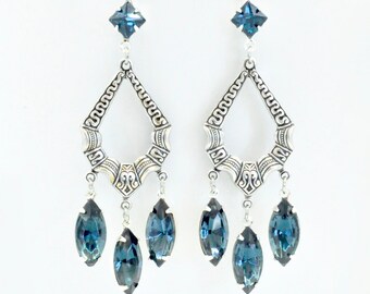Montana Sapphire Chandelier Earrings, Antiqued Silver Hoop Earrings, Denim Blue Dangle Earrings, Clear Crystal Rhinestones, Bohemian Jewelry