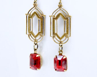 Art Deco Red Earrings, Siam Ruby Earrings, Antiqued Brass Filigree, Gothic Goth, Dark Red Octagon Rhinestone Crystal July Birthstone Jewelry