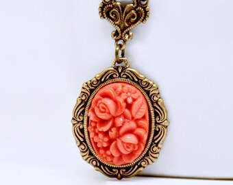 Vintage Japanese Glass Cameo Necklace, Antiqued Brass, Victorian Style Coral Pink Flower Necklace, Floral Cameo, Cameo Jewelry Gift for Her