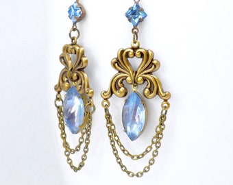 Victorian Chandelier Earrings, Aquamarine Earrings, Chain Hoop Earrings, Sapphire Ruby Givre Vintage Glass, Bronze Rhinestone Earrings