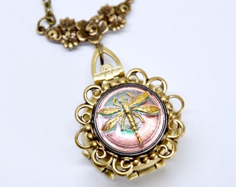 Dragonfly 4 Photo Locket, 4 Picture Locket, Antique Brass Dragonfly Jewelry, Czech Glass Button Locket, Flower, Vitrail Glass, Insect Bug