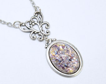Amethyst Fire Opal Necklace: Purple Pendant, Antique Silver Filigree, Victorian Vintage Style Jewelry, February Birthstone