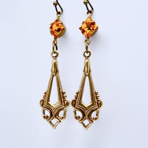 Golden Topaz Art Deco Earrings: Antiqued Brass Filigree, Vintage Style