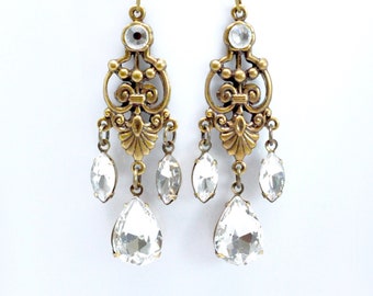Clear Crystal Chandelier Earrings, Art Deco Earrings, Antiqued Brass Filigree Earrings, Teardrop Earrings, Vintage Weddings Bridal Jewelry
