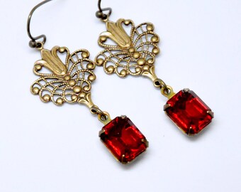 Victorian Ruby Red Dangle Earrings: Swarovski Crystals, Octagon Rhinestones, Antiqued Brass Filigree, Vintage Style Jewelry
