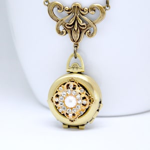 Rhinestone Pearl Photo Locket Necklace: Antique Brass Bridal Jewelry