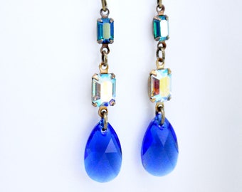 Sapphire Dangle Earrings, Sparkly Blue Rhinestone Earrings, Elegant Art Deco Earrings, Cobalt Blue Earrings, Octagon, Teardrop, Pear