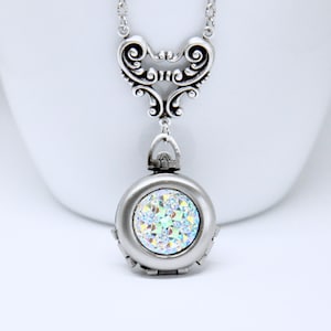 Antique Silver 4-Photo Locket Necklace: Rainbow Druzy Art Deco Pendant