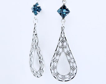Montana Sapphire Hoop Earrings, Antiqued Silver, Art Deco Earrings, Denim Blue Earrings, Smoky Blue Square Rhinestone, Teardrop Hoop