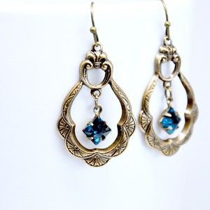 Montana Sapphire Hoop Earrings, Art Deco Earrings, Sapphire Earrings, Blue Crystal Earrings, Smoky Denim Blue, Victorian Sapphire Jewelry,