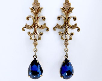 Montana Sapphire Earrings, Vintage Style, Antiqued Brass Filigree, Denim Blue Rhinestone Earrings, Teardrop Crystal, Victorian Art Deco Gift
