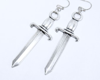 Antiqued Silver Medieval Sword Earrings: Gothic Cosplay Jewelry
