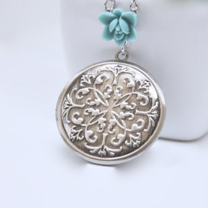 Antiqued Silver Locket Necklace: Teal Blue Flower, Embossed Victorian Style
