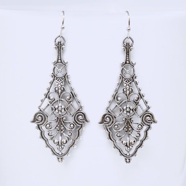 Antique Silver Filigree Earrings, Art Deco Earrings, Filigree Earrings, Large Earrings, Art Deco Jewelry, Victorian Jewelry, Vintage Style