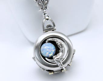 Blue Moon Celestial Locket Necklace, 4 Photo Locket, Blue Opal Locket for 4 Pictures, Lady Selene Goddess, Crescent Moon, Mystic Art Deco