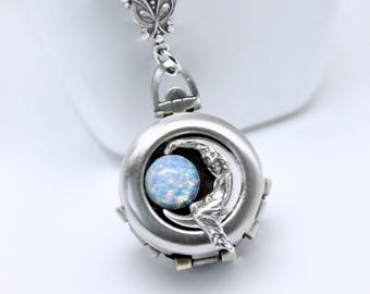 Blue Opal Moon Locket Necklace: Lady Selene, 4-Photo Keepsake