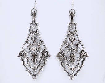 Antique Silver Filigree Earrings, Art Deco Earrings, Filigree Earrings, Large Earrings, Art Deco Jewelry, Victorian Jewelry, Vintage Style