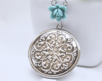 Antiqued Silver Locket Necklace: Teal Blue Lotus Flower, Embossed Locket, Victorian Vintage Style Jewelry