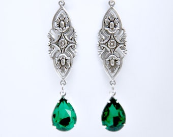 Art Deco Emerald Earrings, Emerald Teardrop Earrings, Antique Silver Floral Filigree, Green Rhinestone Earrings, May Birthstone Jewelry Gift