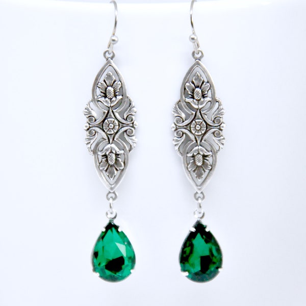 Art Deco Emerald Earrings, Emerald Teardrop Earrings, Antique Silver Floral Filigree, Green Rhinestone Earrings, May Birthstone Jewelry Gift