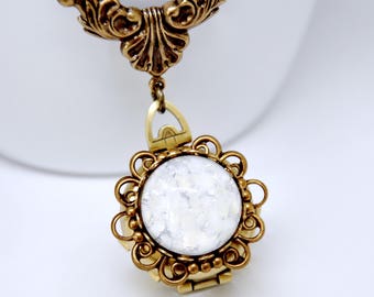 White Opal Locket Necklace, 4 Photo Locket Necklace, 4 Picture Locket, Antique Brass Opal Necklace,  Four Way Locket, Filigree, Victorian