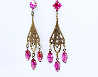 Fuchsia Chandelier Earrings, Bright Pink Crystal Earrings, Art Deco Earrings, Antique Brass Filigree, Long Pink Rhinestone Earrings, Boho