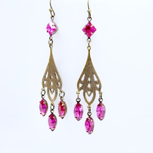 Fuchsia Crystal Chandelier Earrings: Antique Brass Filigree, Art Deco Boho