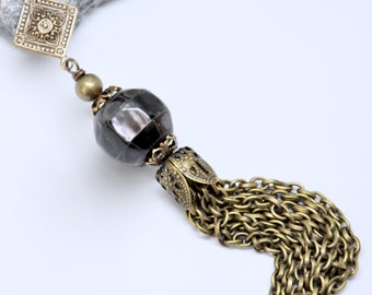 Antique Brass Tassel Necklace: Inlaid Shell Bead, Long Boho Jewelry