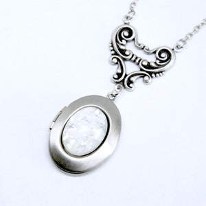 White Opal Locket Necklace: Antiqued Silver Art Nouveau Bridal Jewelry
