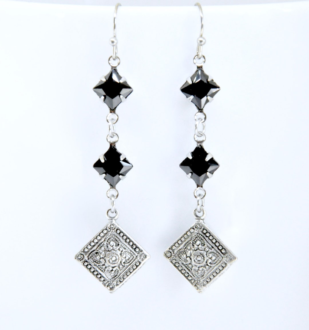 Black Rhinestone Dangle Earrings Kite Earrings Square Etsy