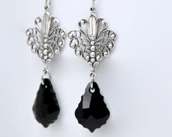 Black Swarovski Baroque Crystal Dangle Earrings: Antique Silver Filigree, Victorian Gothic Jewelry, Vintage Style
