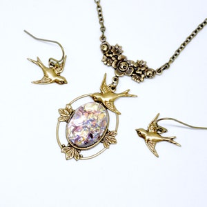 Amethyst Opal Necklace and Earrings Set with Flying Bird, Purple Fire Opal, Antique Brass, Sparrow Swallow, Flower Necklace, Victorian Style