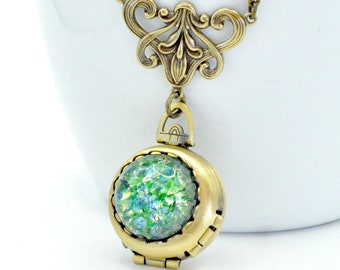 Emerald Green Fire Opal Locket Necklace: Four Picture Locket, 4 Photos, Victorian Vintage Style Jewelry, Antiqued Brass, May Birthstone