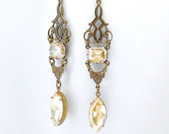 Art Deco Golden Shadow Earrings, Light Topaz Earrings, Extra Long Rhinestone Earrings, Statement Earrings, Antiqued Brass, Navette, Octagon