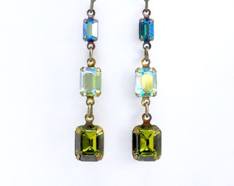 Blue and Green Rhinestone Earrings, Sapphire Earrings, Olivine Dangle Earrings, Art Deco Earrings, Antiqued Brass, Sparkly Octagon Earrings