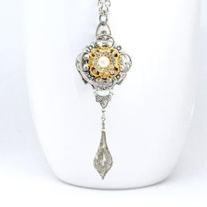 Rhinestone Pearl Photo Locket Necklace: Antiqued Silver 4-Picture Keepsake