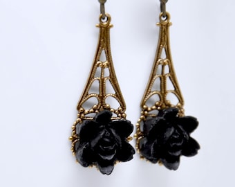 Black Rose Earrings: Antiqued Brass Filigree, Victorian Gothic Jewelry, Vintage Style