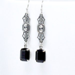Art Deco Black Rhinestone Earrings: Antiqued Silver Gothic Jewelry