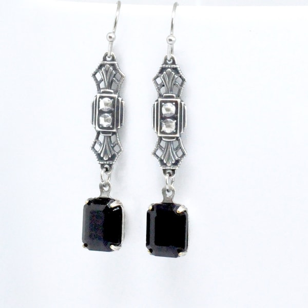 Art Deco Black Earrings, Antiqued Silver, Jet Black Rhinestone Earrings, Octagon Crystal, Gothic Victorian, Art Nouveau Mourning Jewelry