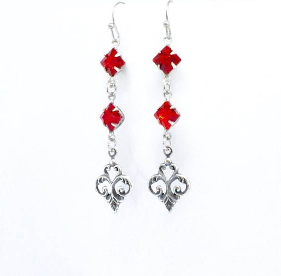 Ruby Red Rhinestone Dangle Earrings: Antiqued Silver Gothic Kite Earrings