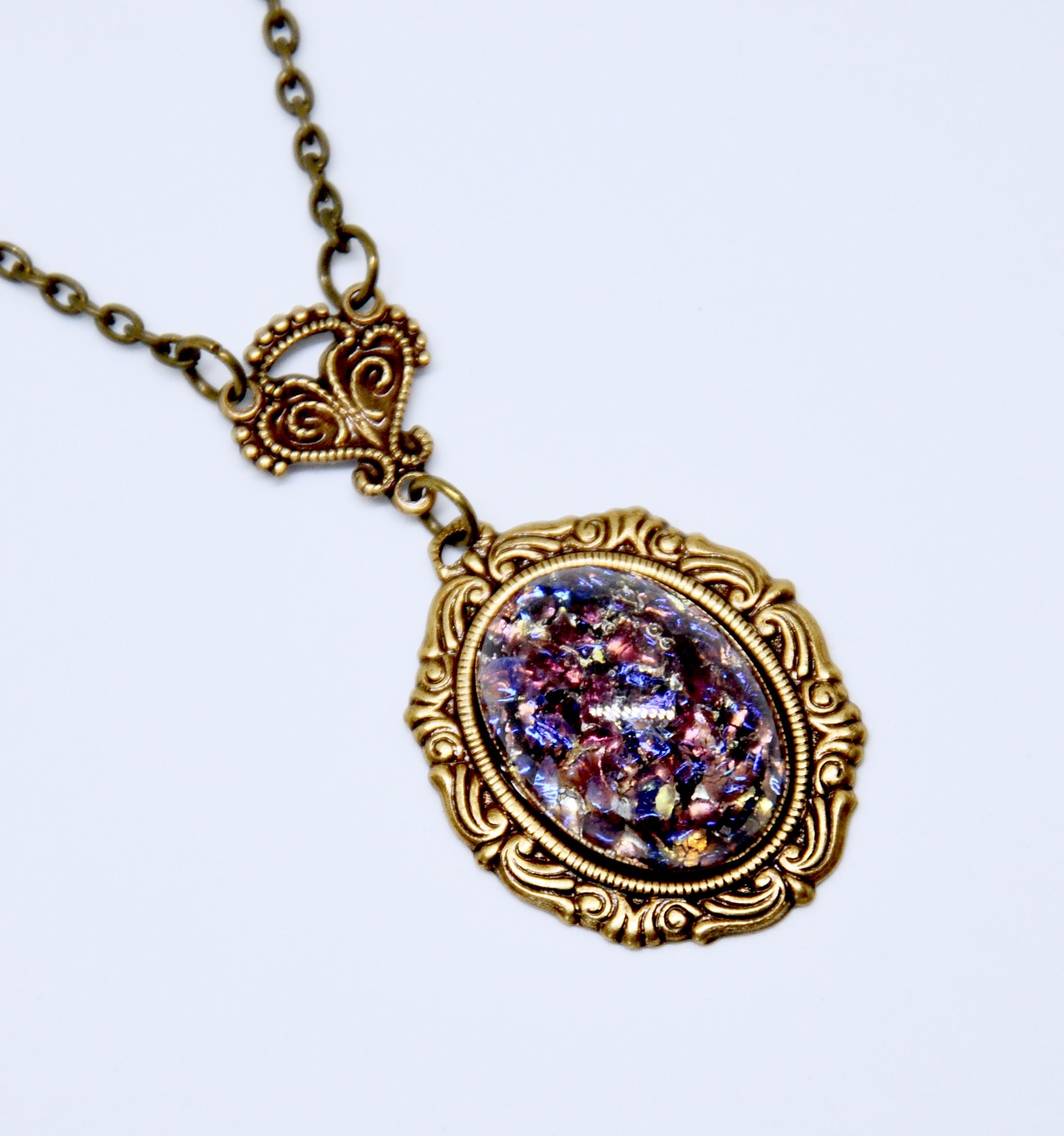 Amethyst Opal Necklace Antique Brass Fire Opal Necklace | Etsy