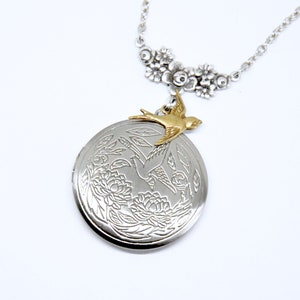 Antiqued Silver Bird Locket Necklace: Floral Victorian Jewelry