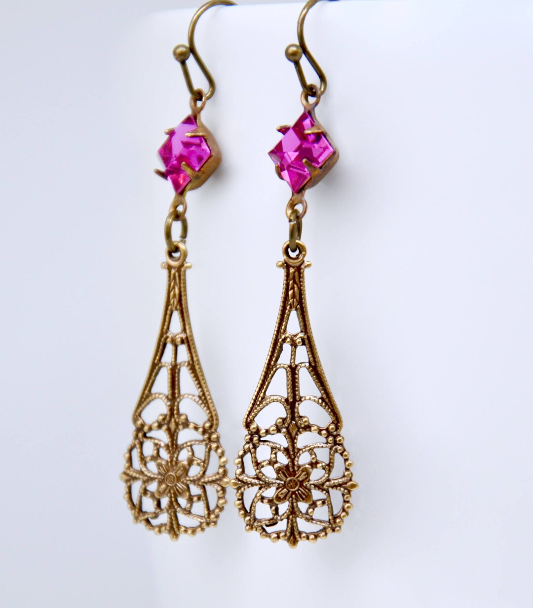 Boucles D'oreilles Pendantes Vintage Art Déco - Pierres De Soleil, Laiton, Fait Main, Occasion