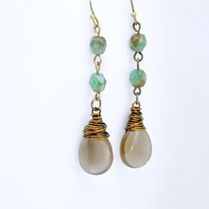 Boho Smoky Quartz Teardrop Earrings: Antique Brass Wire Wrapped Dangle